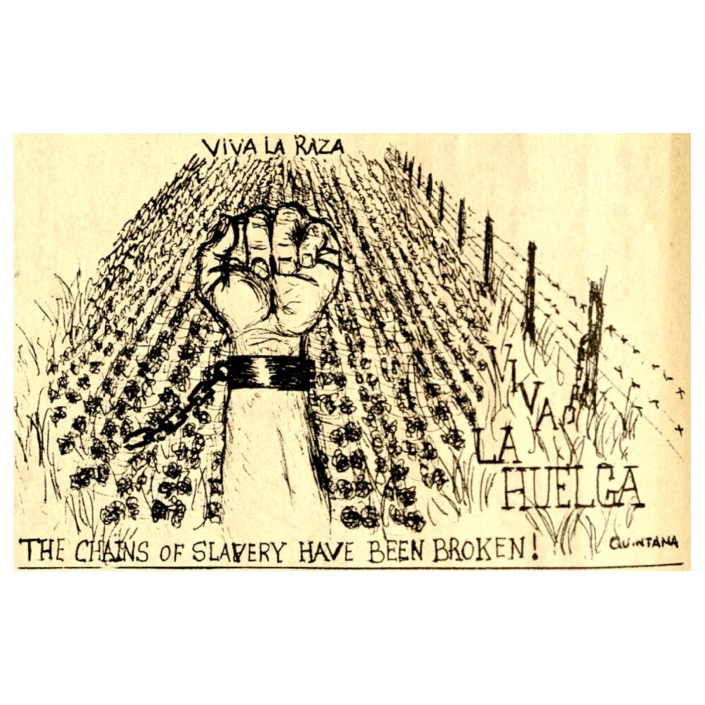 Line drawing of fist with caption The Chains of Slavery Have Been Broken! and agricultural backdrop