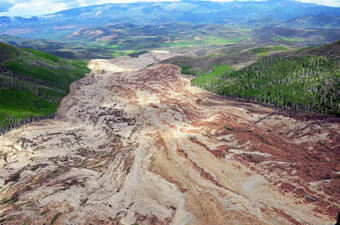 Aerial view of the landslide debris looking downward towards the valley floor.