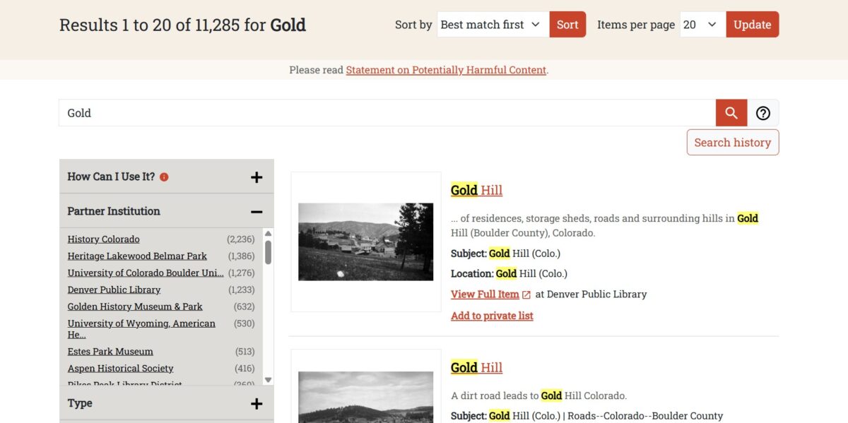 Screenshot 2026-06-25 161440 Screenshot of the Plains to Peaks search results page showing 11,000 results for the search term gold.