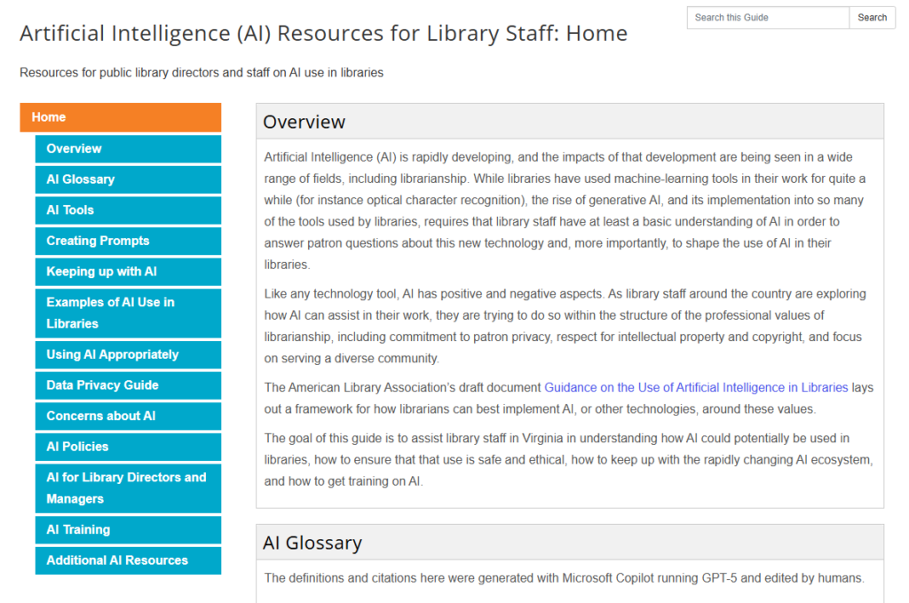 Screen shot of the landing page for the AI Libguide created by the Library of Virginia.