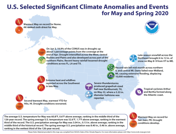 map showing selected significant climate anomalies and events for May and Spring 2022, from the National Oceanic and Atmospheric Adminstration