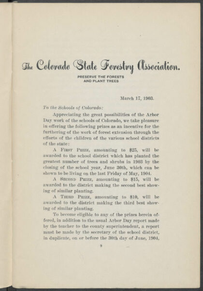 A scanned page from an arbor Day lesson plan book. The text on the page describes a tree planting competition for Colorado school district and explains the cash prize amounts: $25 for the school district that wins first prize, $15 for second prize, and $10 for the third place prize.