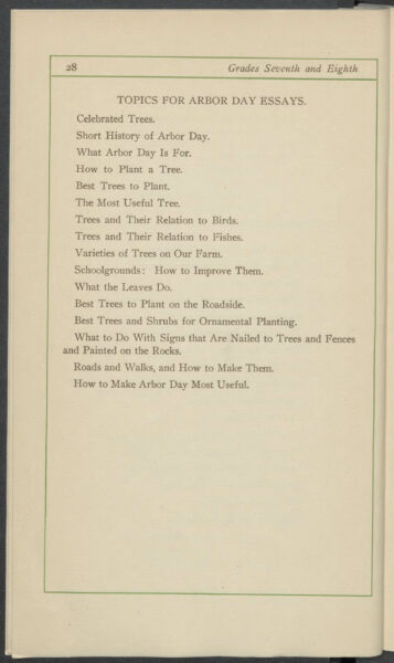 A scanned page of an Arbor Day book titled, "Topics for Arbor Day Essays." Topics include Celebrated Trees, How to Plant a Tree, The Most Useful Tree, What Leaves Do, and How to Make Arbor Day Most Useful.