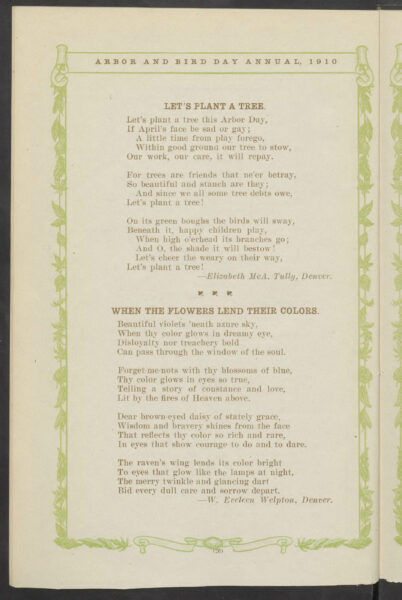 A scanned page of an Arbor Day book with two typed poems titled, "Let's plant a tree" and "When the flowers lend their colors." The page has a green decorative border of illustrated leaves. 