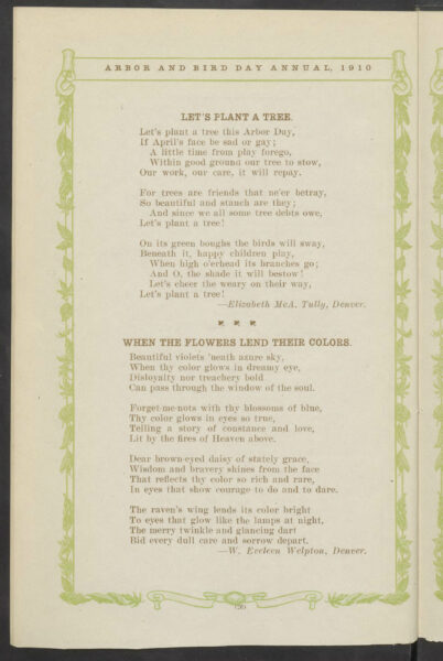 A scanned page of an Arbor Day book with two typed poems titled, "Let's plant a tree" and "When the flowers lend their colors." The page has a green decorative border of illustrated leaves.