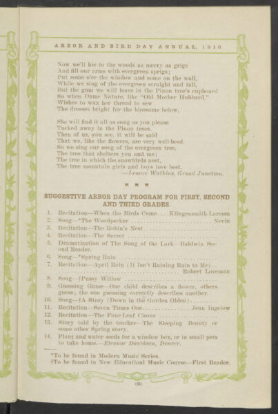 A scanned page from an Arbor Day book titled, "Suggestive Arbor Day Program for First, Second, and Third Grades." The page has a decorative green border with illustrated leaves.