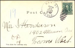 front of postcard, addressed to "Miss J. Henderson, 1402 Mason Ave. Tacoma Wash."