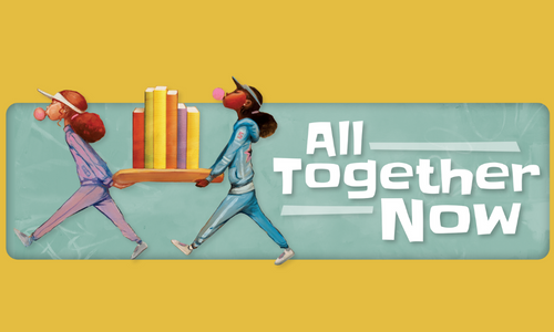 Girls carrying books all together now logo behind them