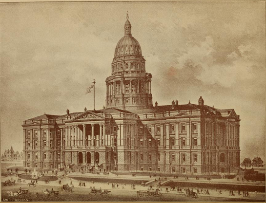 yellowed engraving of Colorado State Capitol Building
