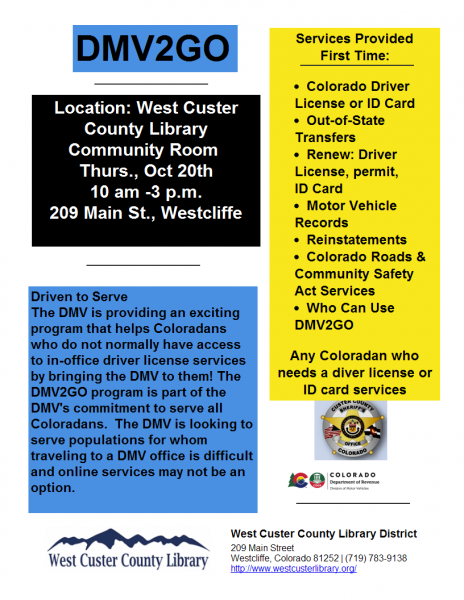 flyer for DMV program at westcliffe county library