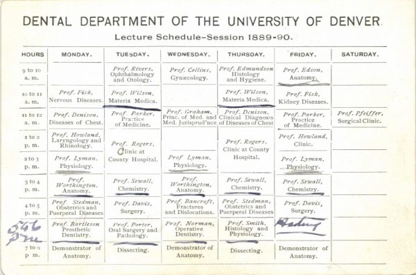 Dental Department lecture schedule, 1889-90