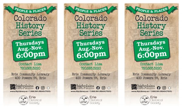 three flyers for colorado history series event at library