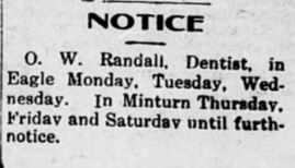 newspaper notice that dentist will be in Eagle Monday-Wednesday