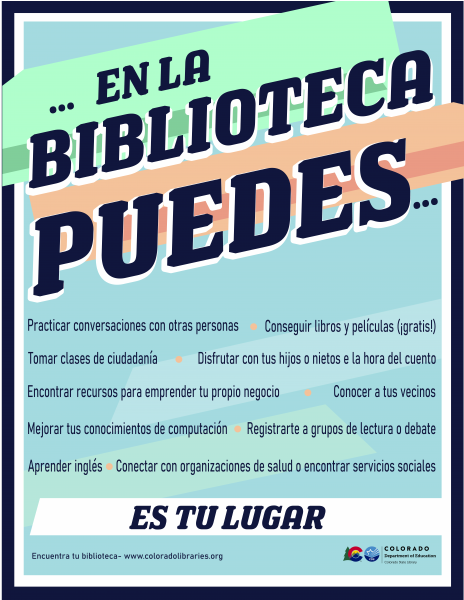 Spanish language poster with services and activities that can be found in the library