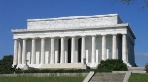 front of Lincoln Memorial--white marble colonades in Greek Temple architectural style