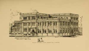 yellowed drawing of front of three-storey high school