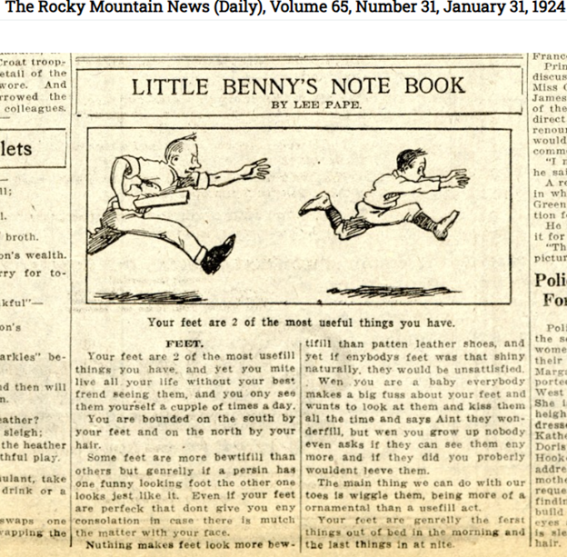 Screenshot of newspaper article from Little Benny's Note Book on the topic of Feet. Includes an illustration of a man chasing a boy with a paddle.