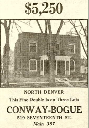 Screenshot of advertisement for a house, $5,250 - North Denver, This Fine Double Is on Three Lots Conway-Bogue 519 Seventeenth St Main 357
