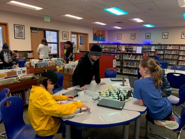 Photo of Strawberry Park fifth grade students reading, playing chess, and browsing for books in the library.