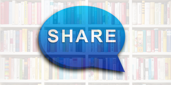 Speech bubble with the word "SHARE" and a background of library shelves.