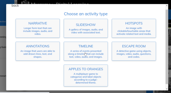 screen shot of selection tool for resource activity types