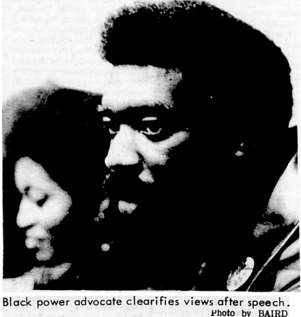 Black and white image of Lauren Watson with the caption "Black power advocate clearifies views after speech.