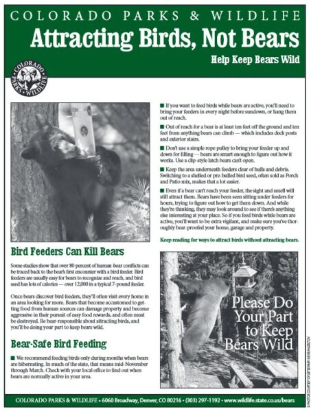 Colorado Parks & Wildlife pamphlet: Attracting Birds, Not Bears (PDF)