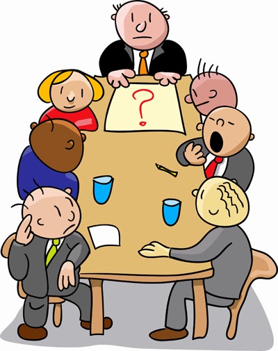 cartoon of board meeting with confused, bored, or yawning attendees