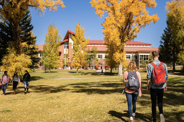 A pair of two students walk away from the viewer across a grassy area towards a red brick university building. The grassy area is dotted with cottonwood trees that have changed to yellow for the fall. Two other small groups of students can be seen walking across the grass in the background.