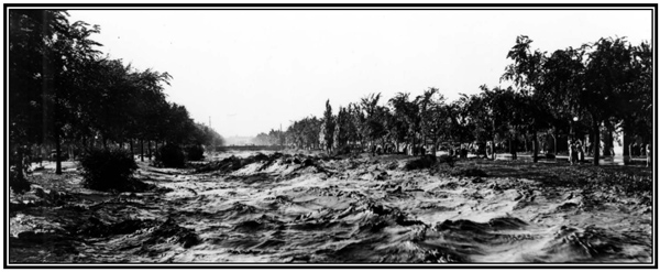 View of the floodwaters looking south from the 11th Avenue Bridge. Photo courtesy of the Colorado Historical Society