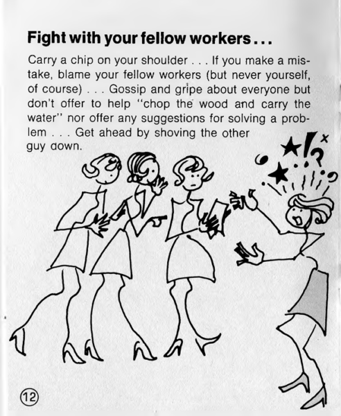 Cartoon showing one woman shouting at 3 co-workers