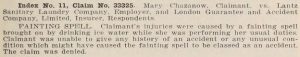 claim by Mary Chazanow vs. Lantz Sanitary Laundry Company for "fainting spell brought on by drinking ice water" at work; claim denied