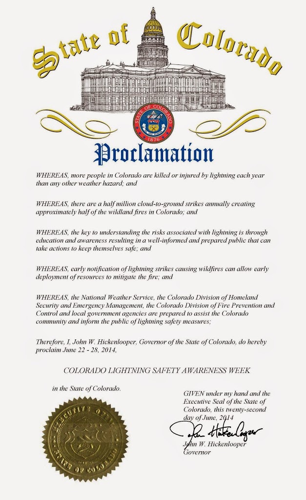 Colorado Lightning Safety Awareness Week proclamation, signed by John Hickenlooper