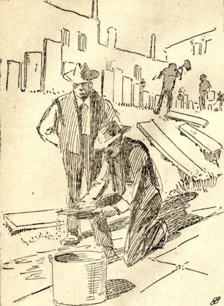 Newspaper Illustration of two men panning for gold in Denver