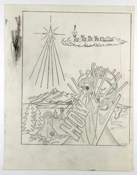 drawing of santa claus stuck in poles at top of tepee