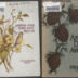 Four book cover illustrations for Arbor Day lesson plan books. From left to right, the first is from 1906 and features three red poppies. the second is from 1908 and features two birds perched on the stems of small yellow prairie flowers. Teh third in from 1922 and features a close-up look at four pinecones on the branch of a fir tree. The fourth is from 1910 and features three columbines flowers in full bloom.