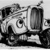 A black and white cartoon drawing of an anthropomorphized tow truck with an extra large engine, eyeballs instead of headlights, and askew wheels.
