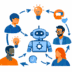 Illustration of a robot surrounded by symbols that indicate the different ways IA and humans interact.